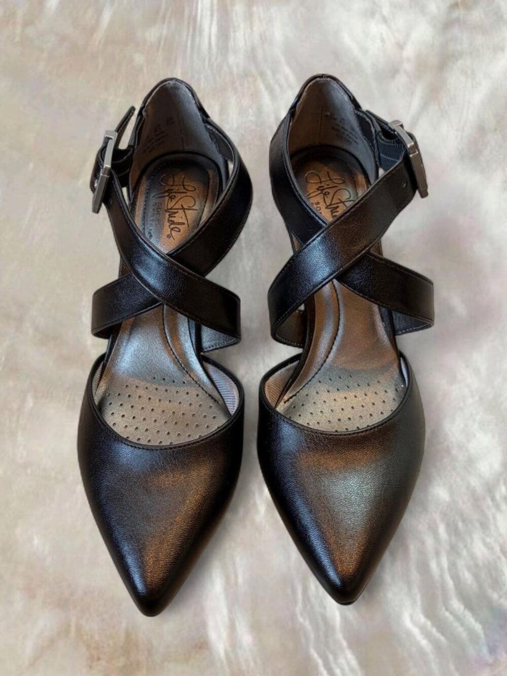LifeStride Black Leather Heels w/ Silver Buckle